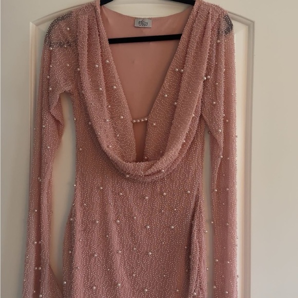 Oh Polly Blush Pink Pearl-Embellished Long Sleeve Mini Dress - Picture 2 of 4